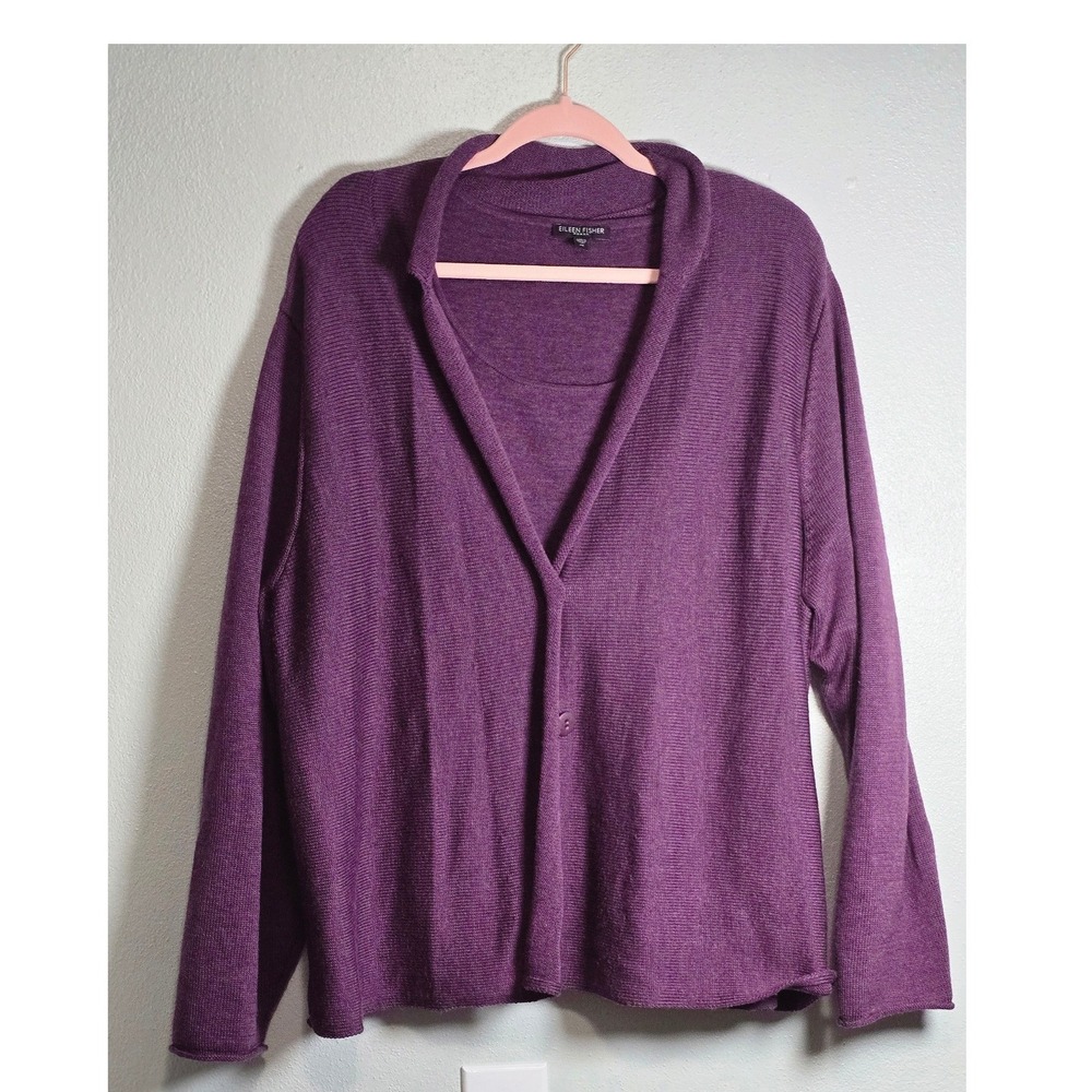 Eileen Fisher Woman Purple 100% Merino Wool Shawl Collar Cardigan Sweater 1X